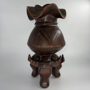 Vintage Wood Candle Holder Candlestick Hand Carved 10” Planter Vase Sculpture